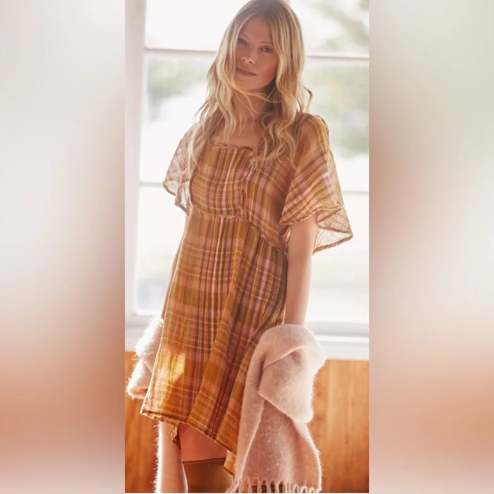 Anthropologie Plaid Mini Dress small cotton cottage core